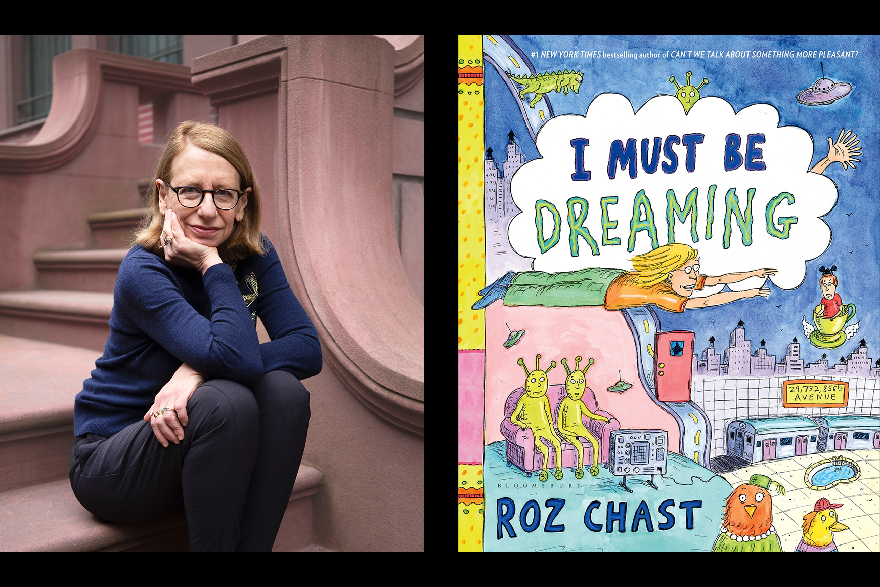 Left: Image of Roz Chast sitting on brownstone porch Right: Color graphic Book cover of "I Must be Dreaming" 